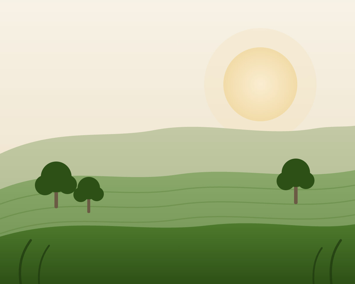 Illustration of rolling fields with trees under a low sun